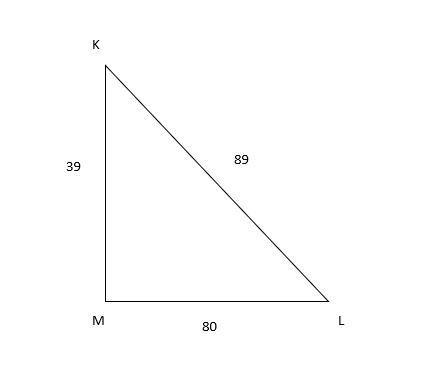 In ΔKLM, the measure of ∠M=90°, LK = 89, ML = 80, and KM = 39. What ratio represents-example-1