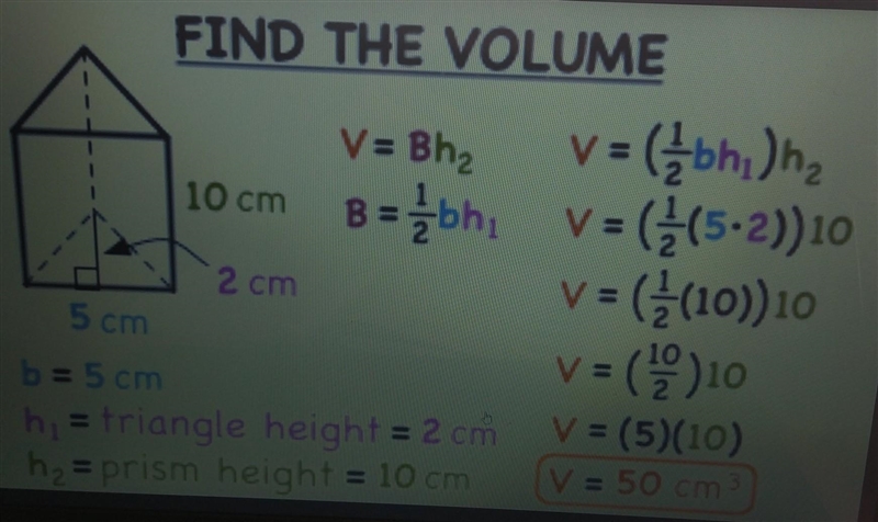 Formula for finding the volume of a triangular prism-example-1