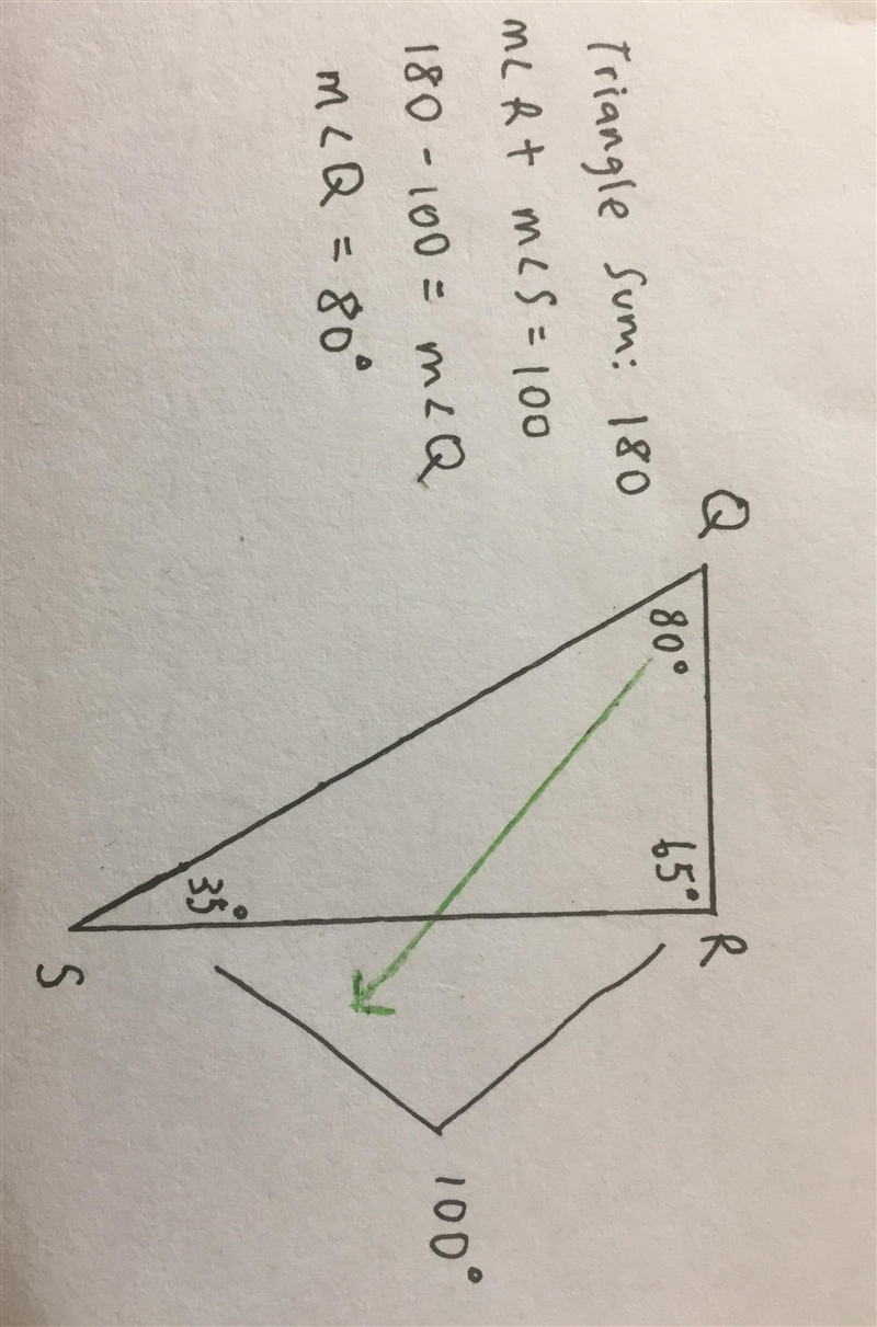 In ∠QRS, m∠R=65°, and m∠S=35°. Which side of ΔQRS is the longest?-example-1