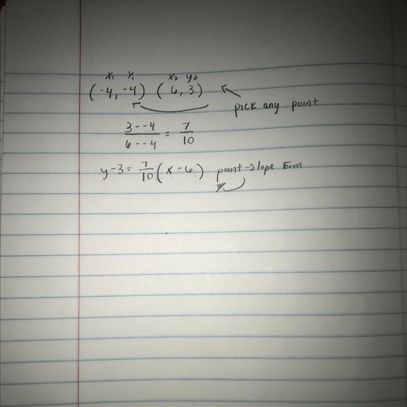 Write the equation of the line that passes through the points (-4,-4) and (6,3). Put-example-1