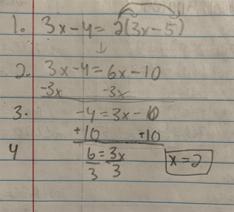 Solve for the value of x in this equation: 3x-4=2(3x-5). I need help ASAP Needs to-example-1