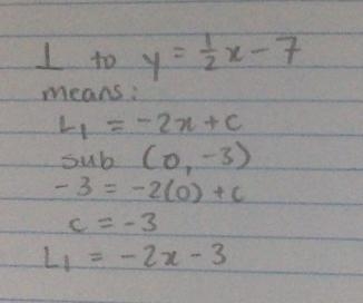 Write an equation of the line that is perpendicular to line y =(1/2) x – 7 and passes-example-1