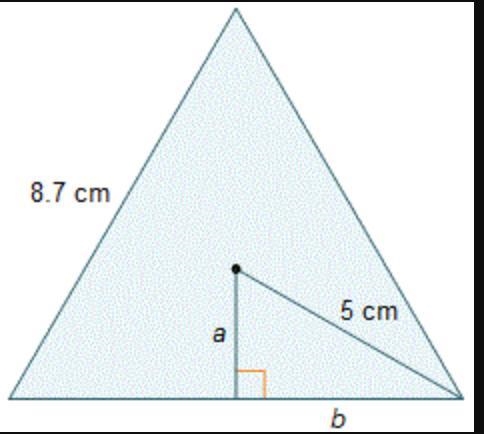 An equilateral triangle with side lengths of 8.7 centimeters is shown. An apothem-example-1