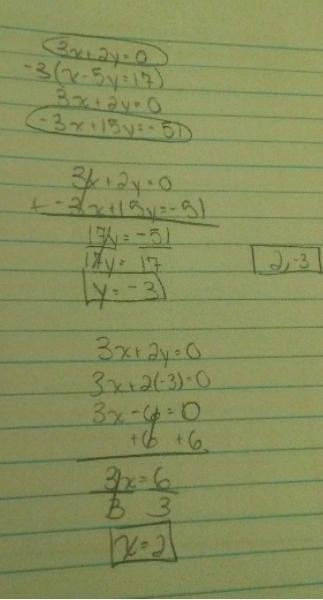 3x+2y=0 x-5y=17 solve in a Solving Systems by Elimination-example-1