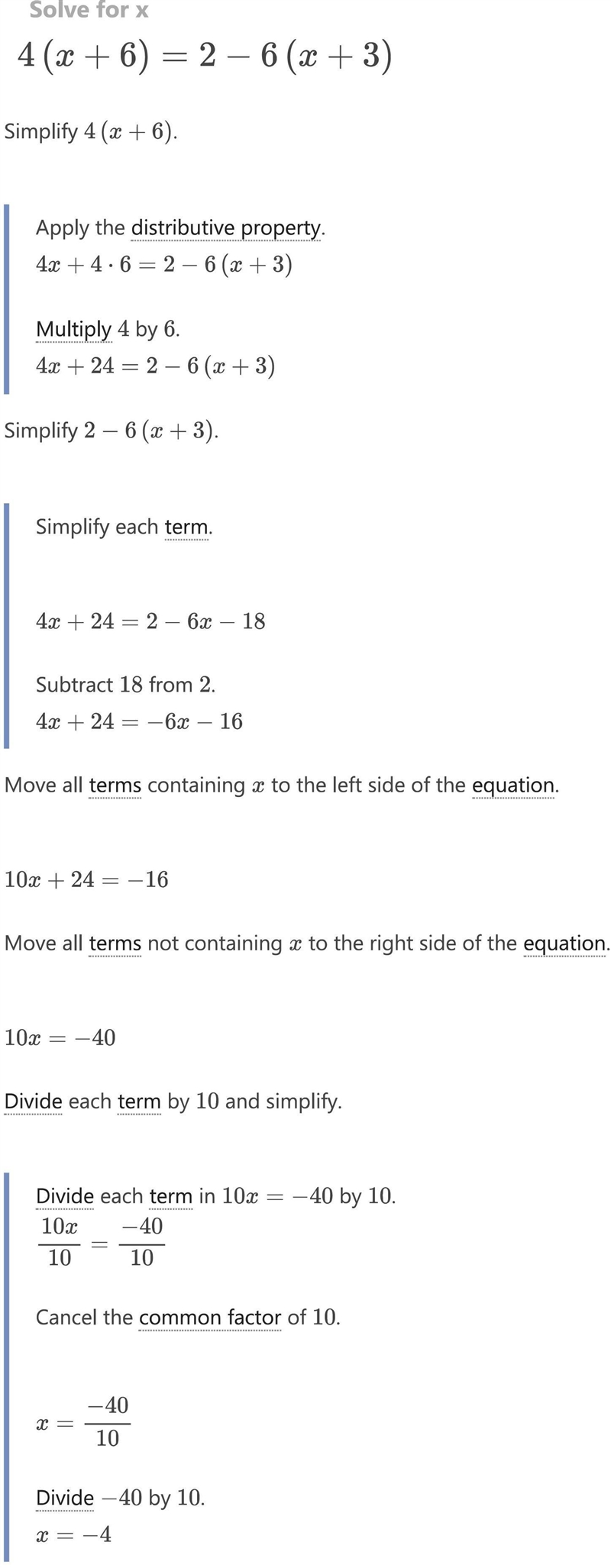 Solve for x: 4(x+6) = 2-6 (x+3)-example-1