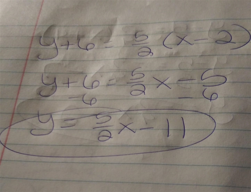 a line passes through (2,-6) and had a slope of 5/2. Write an equation in slope-intercept-example-1