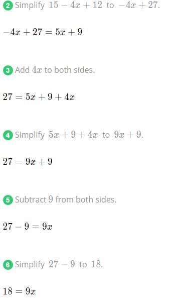 15 – 4(x – 3) = 5x + 9 I need the answer with work shown-example-1