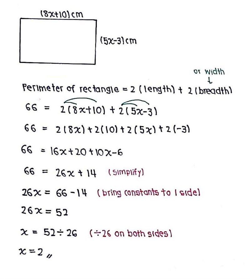 A rectangle has a side length of (8x+10) cm and a width of (5x-3)cm. The perimeter-example-1