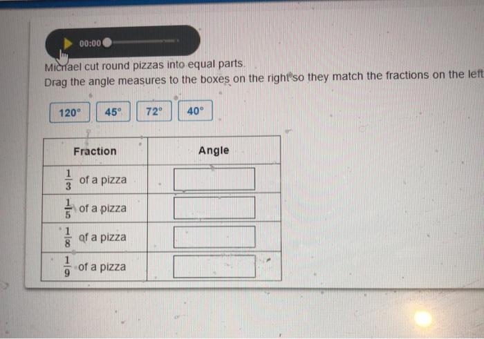 Michael cut round pizzas into equal parts. Drag the angle measures to the boxes on-example-1