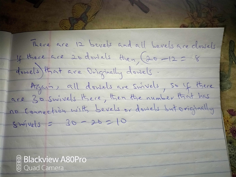 There are 20 dowels. All bevels are dowels. All dowels are swivels. There are 12 bevels-example-1