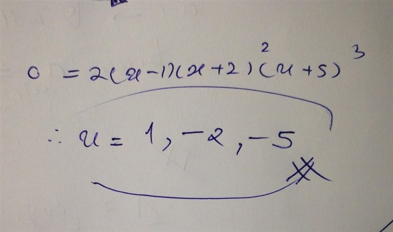 What are the x-intercepts of this function? f(x)=-2(x - 1)(x + 2)^2(x + 5)^3-example-1