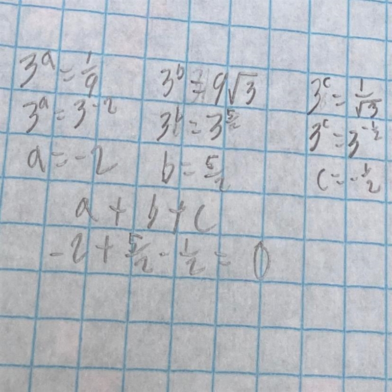 {3}^(a) = (1)/(9) {3}^(b) = 9 √(3) {3}^(c) = (1)/( √(3) ) Work out the value of a-example-1