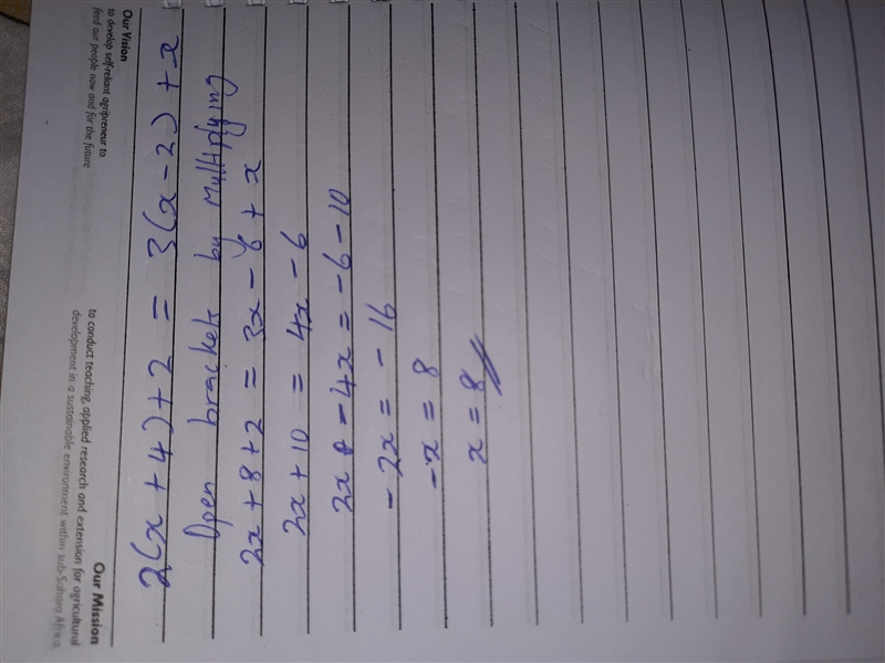 Solve the Equation. Show work and explain steps. 2(x +4) +2 = 3(x − 2) +x-example-1