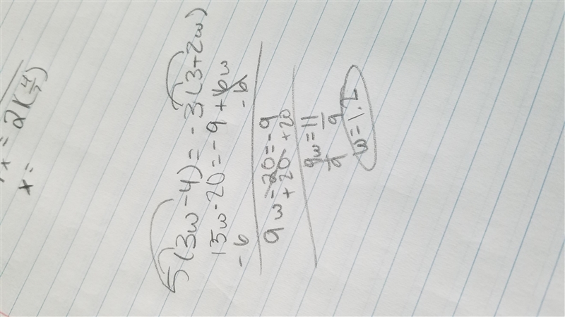 The equation 5 (3w - 4) = -3(3+ 2w) has solution(s).-example-1