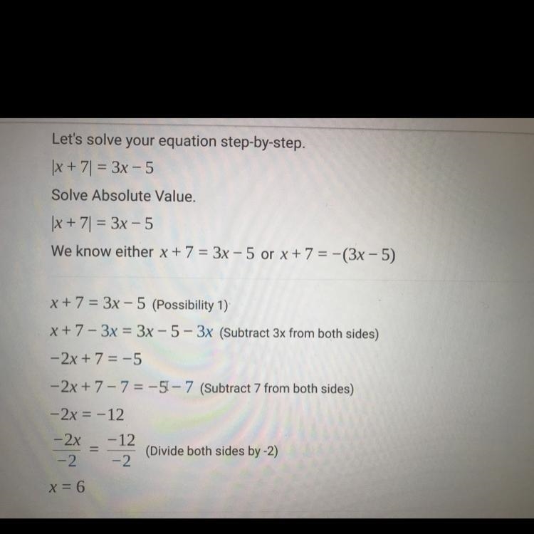 How do you solve this absolute value equation ? |x + 7| = 3x - 5-example-1