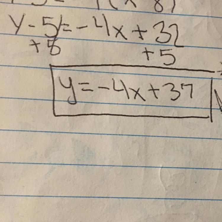 What is the slope of the line y - 5 = -4(x - 8)?-example-1