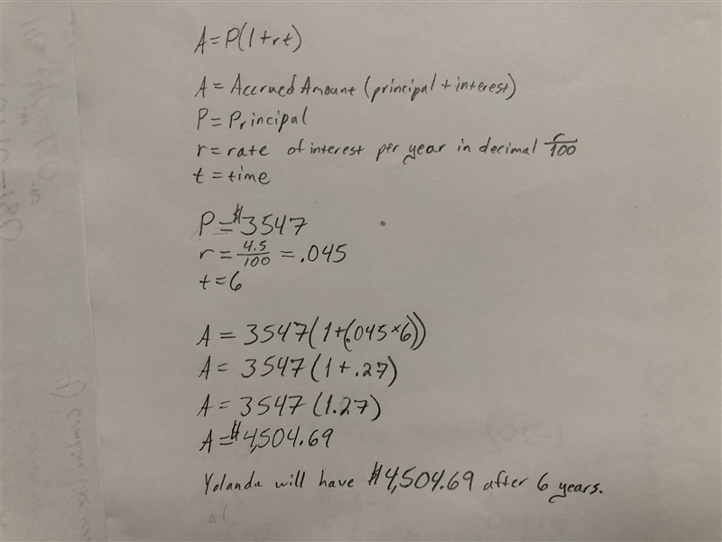 · Yolanda deposited $3,547 into an account that earns 4.5% simple annual interest-example-1