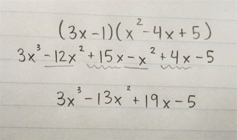 POLYNOMIALS MULTIPLICATION 2 (3x-1) (x^2-4x+5) What is the product of the polynomials-example-1