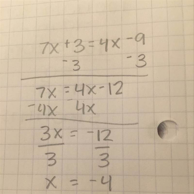 What is the value of x in the equation? 7x+3=4x-9-example-1