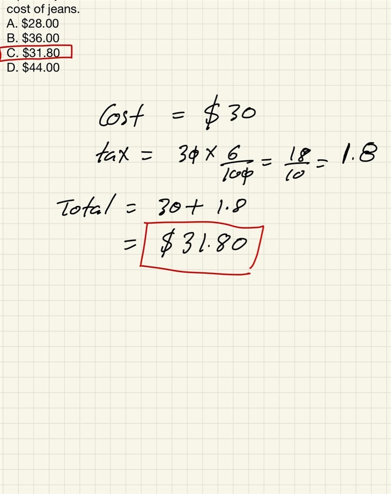 A pair of jeans cost $30. there is a 6% sales tax. determine the total cost of jeans-example-1