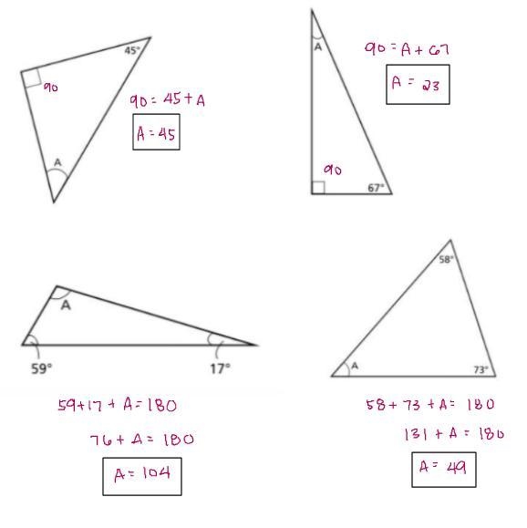 Determine the missing angle in each triangle.-example-1