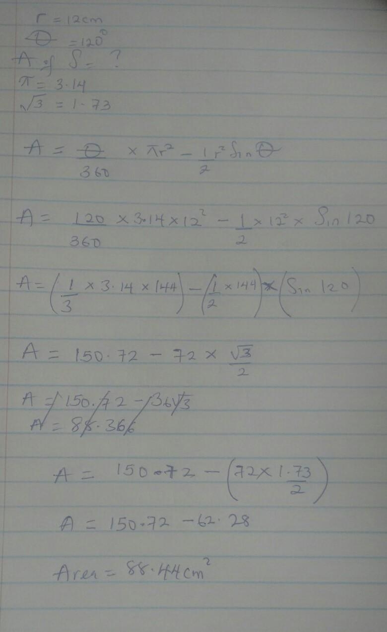 a chord of a circle of radius 12 CM subtends an angle of 120 degree at the centre-example-1