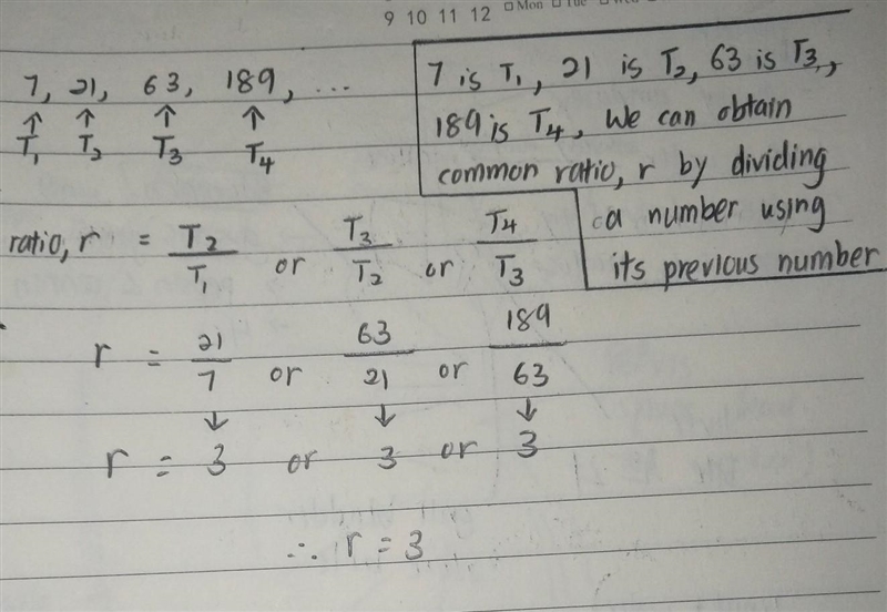 What's the value of r (common ratio) 7, 21, 63, 189, ...... 11) A. 3 B. -3 C. 32 D-example-1