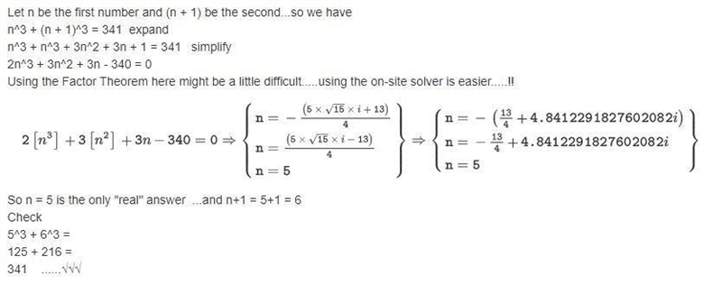 The sum of two consecutive cube numbers is 341. Work out the two numbers.-example-1