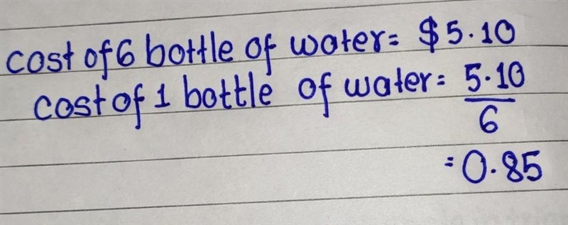 A pack of 6 waters costs $5.10. How much does 1 water cost?-example-1