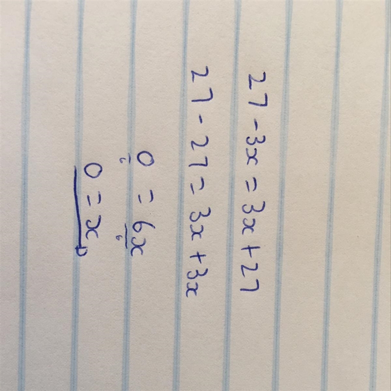 Solve the equation 27-3x=3x+27-example-1