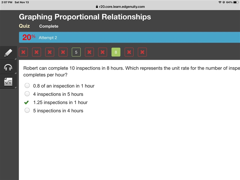 Robert can complete 10 inspections in 8 hours. Which represents the unit rate for-example-1