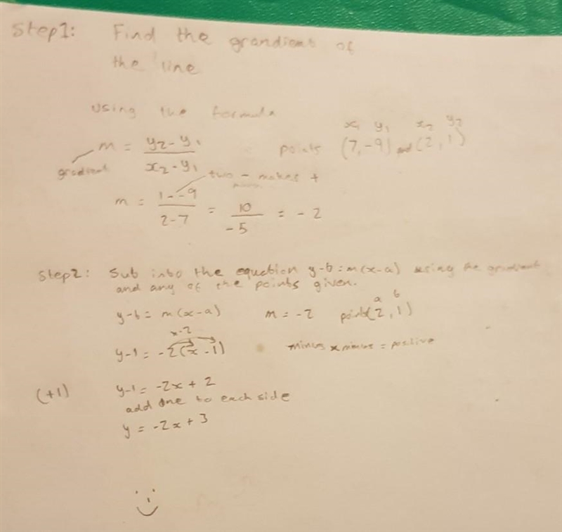 Write the equation of the line that passes through the points (7,-9) and (2,1). Put-example-1