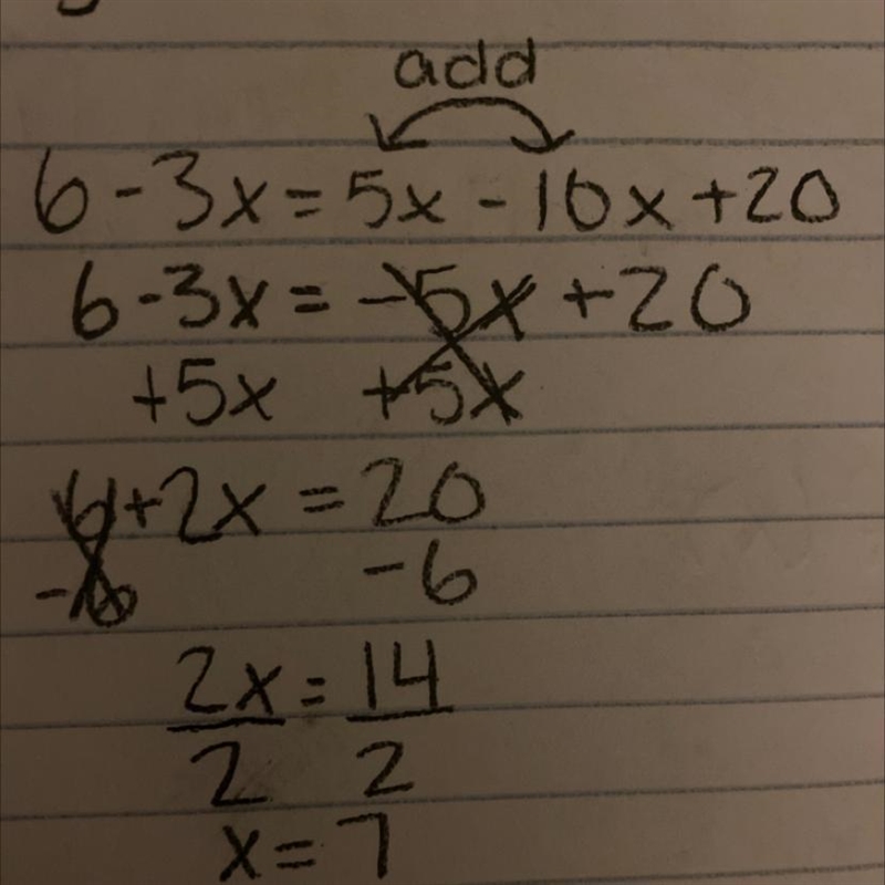 6-3x=5x-10x+20. What is the value of x?-example-1