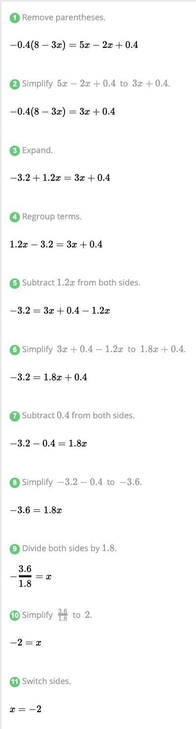 What is the soulution to -0.4(8-3x)=5x-(2x-0.4)-example-1