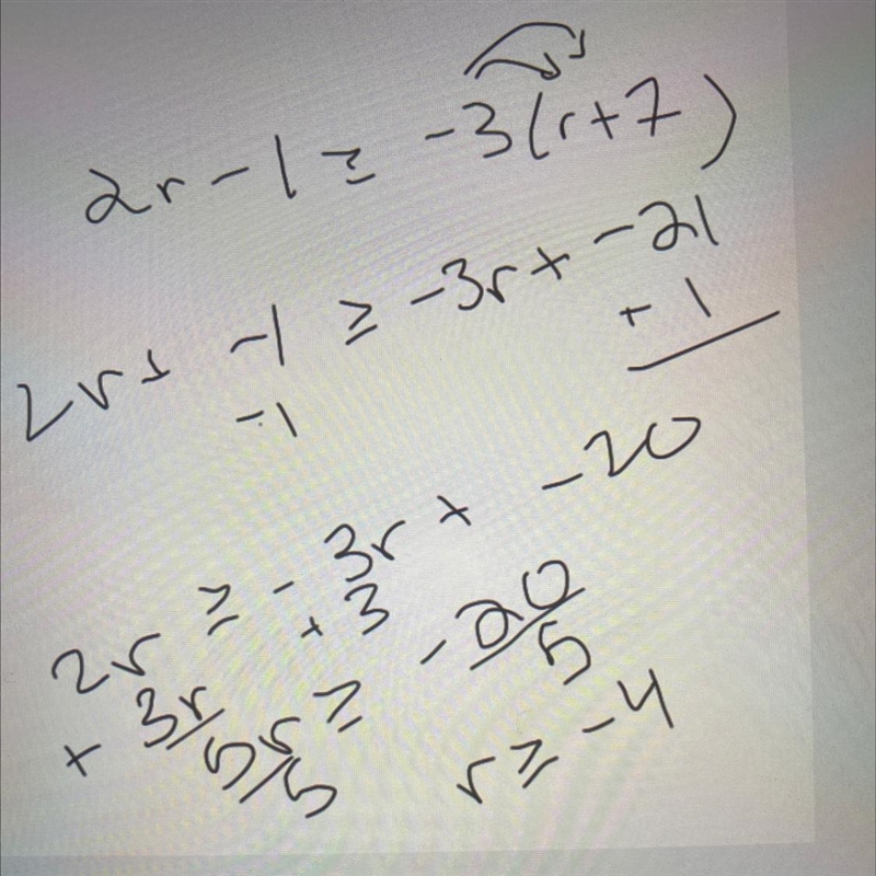 2r – 1 ≥ ‐3(r + 7) Solve inequality and graph the solution.-example-1