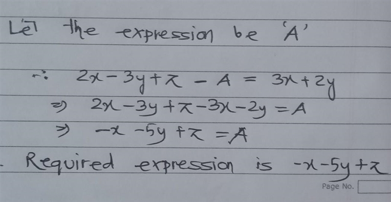 What expression must be subtracted from 2x-3y+z to give 3x+2y?-example-1