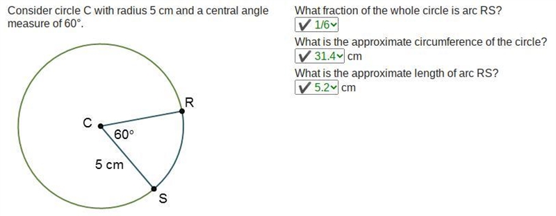 Consider circle C with radius 5 cm and a central angle measure of 60°What fraction-example-1