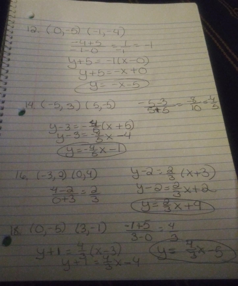 Write the slope-intercept form of the equation of the line through the given points-example-1