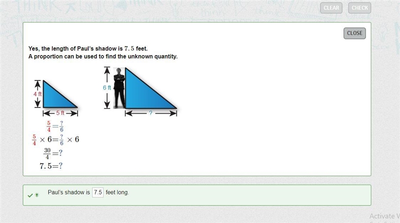 A fence is 4 feet tall. The fence has a shadow that is 5 feet long. Paul is 6 feet-example-1