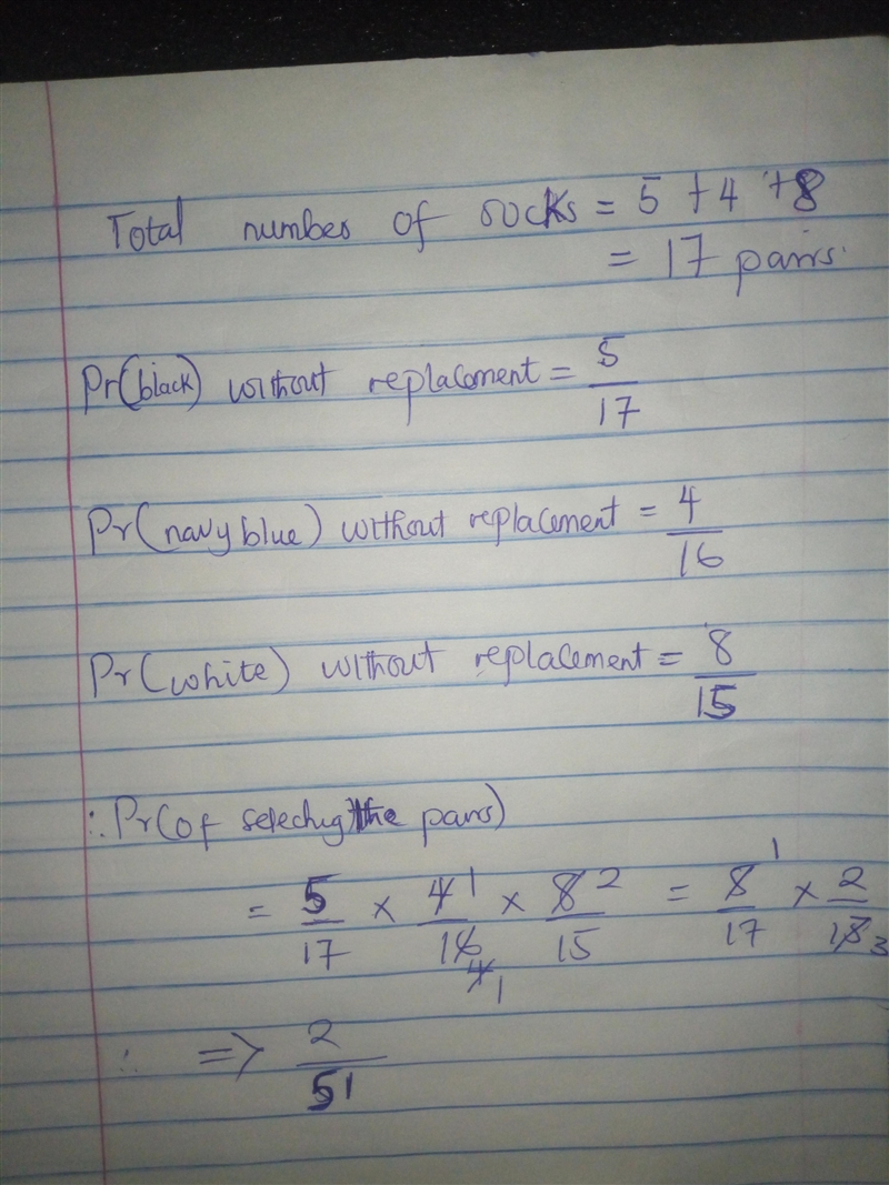 find the probability for the experiment of selecting a pair of black socks followed-example-1