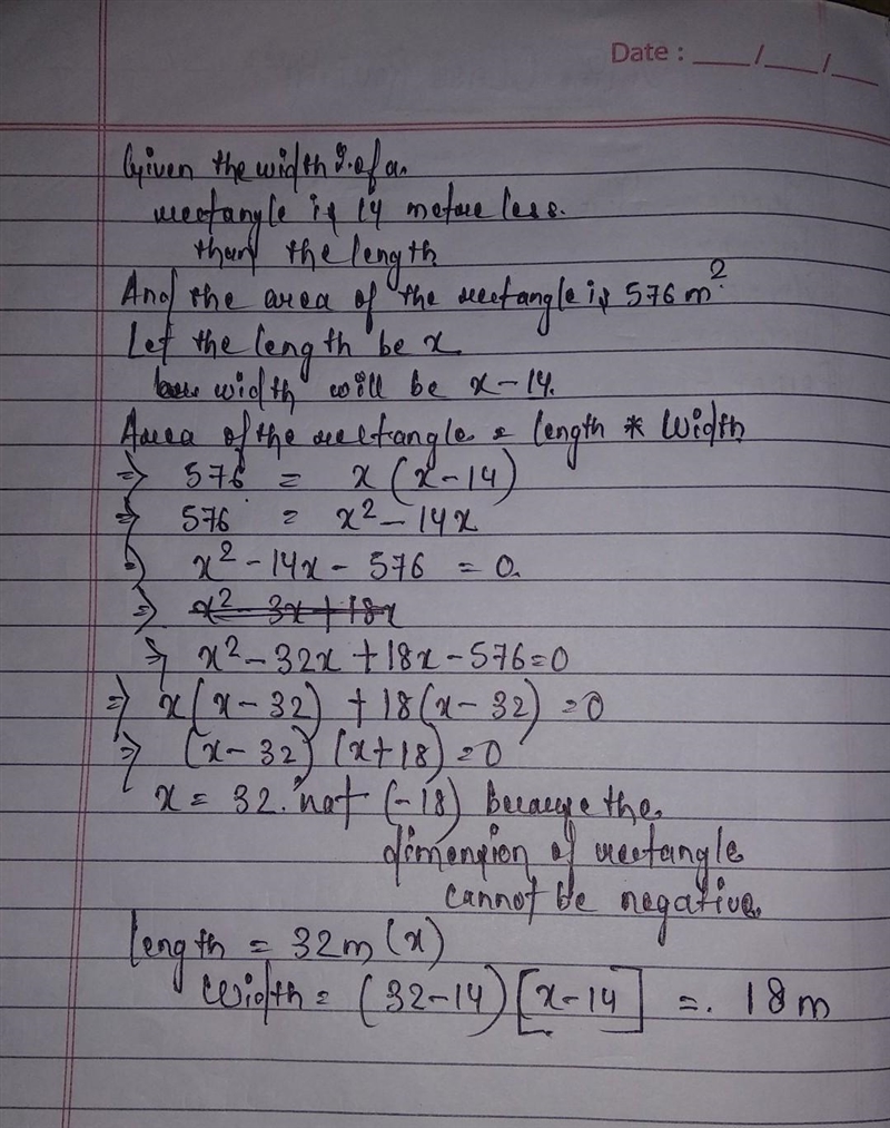 The width of a rectangle is 14 meters less than the length. The area of the rectangle-example-1