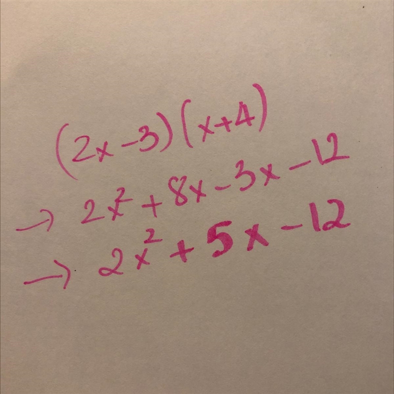 (2x - 3)(x + 4) = 2x² + ______ - 12 What is the missing term in the trinomial expression-example-1