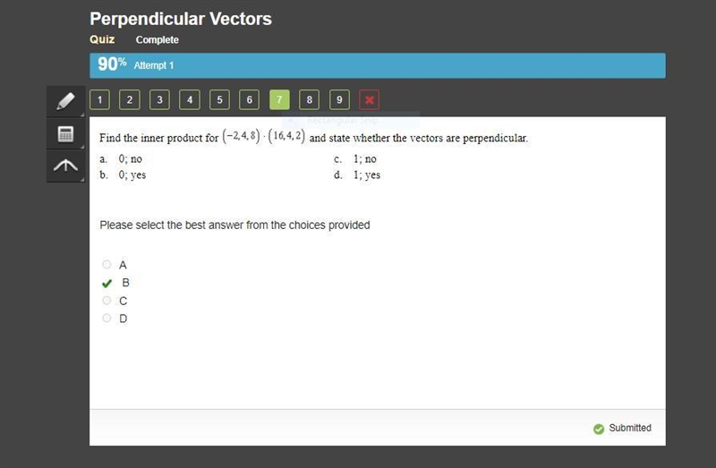 Find the inner product for (-2,4,8)*(16,4,2) and state whether the vectors are perpendicular-example-1