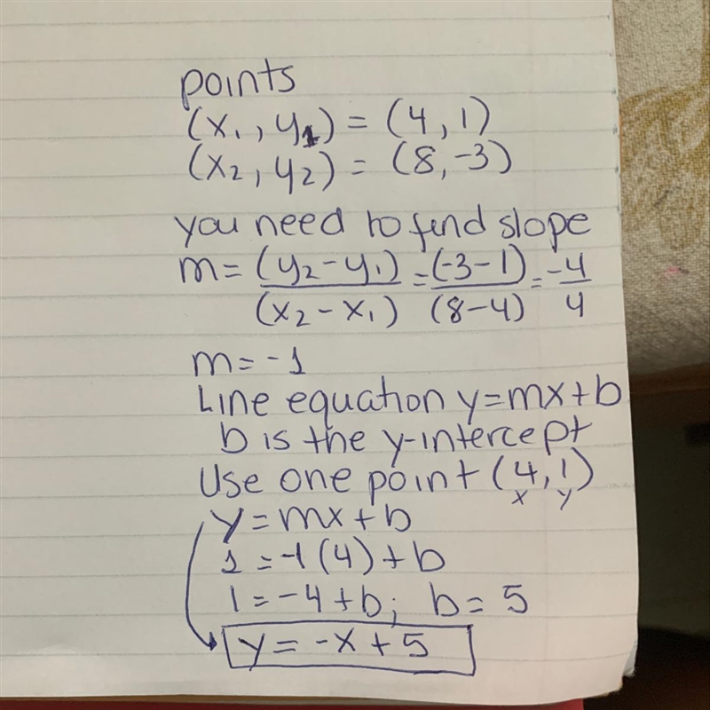 What is an equation of the line that passes through the points (4,1) and (8, -3)? O-example-1