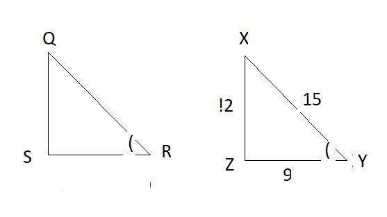 Triangles Q R S and X Y Z are shown. Angles Q S R and X Z Y are right angles. Angles-example-1