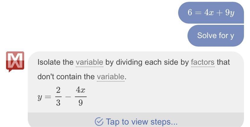 Solve for y 6 = 4x + 9y-example-1