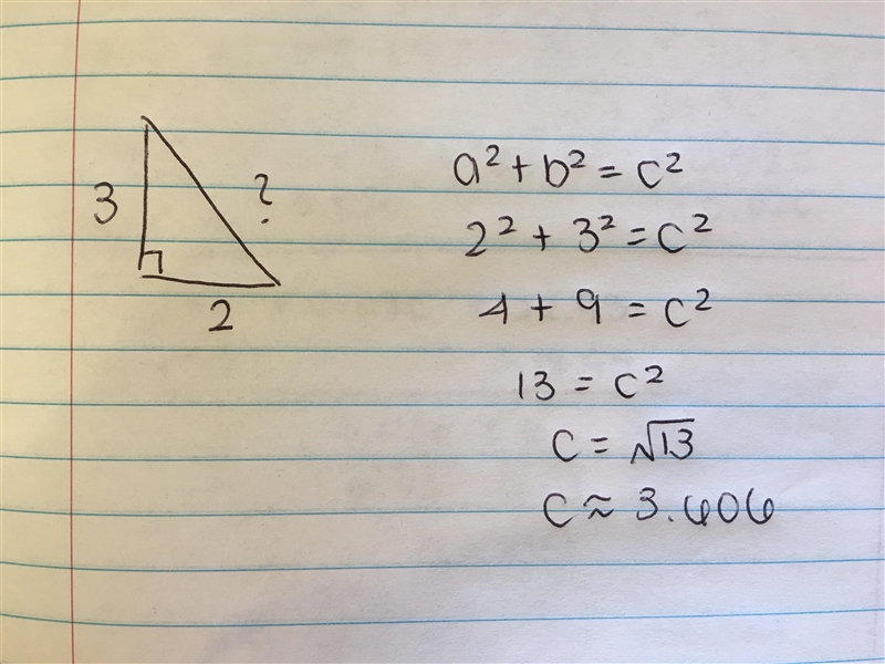 In a right triangle with a leg of 2 in and a leg of 3 in what is the hypotenuse?-example-1