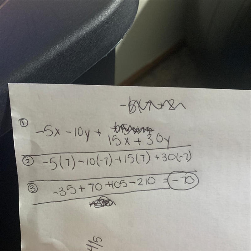 Evaluate each expression for the given values of the variables. SHOW ALL WORK. -5(x-example-1