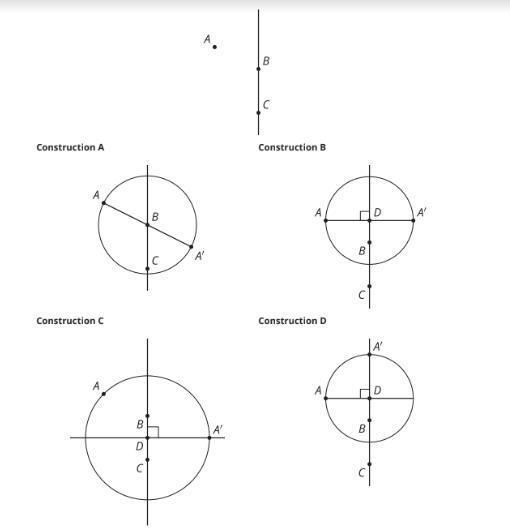 Select the construction that guarantees A' is a reflection of point A across line-example-1