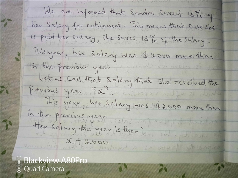 Sandra save 13% of her salary for retirement. This year her salary was $2000 more-example-1